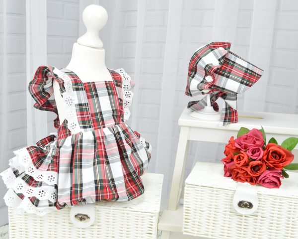 Baby girl and toddler ruffle bum romper in white and red tartan with vintage style bonnet