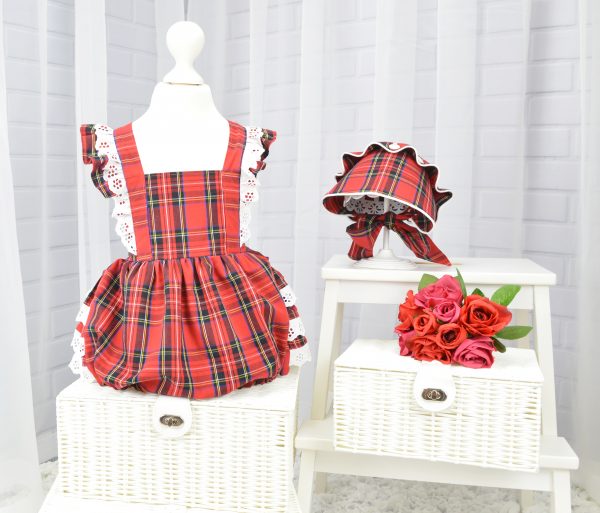 Tartan ruffle bum baby romper and vintage bonnet