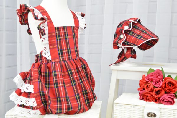 Red tartan baby girl and toddler ruffle bum romper and vintage bonnet